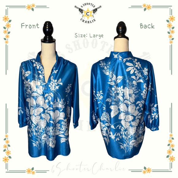 VTG Di Carlo of California Blue Floral Print Blouse Size Large Hawaiian Boho USA - Picture 1 of 7